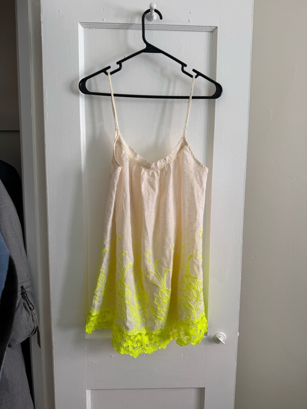 Free People Cream Mini Dress with Neon Yellow Embroidery
